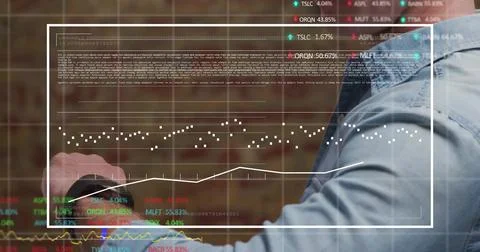 Checking man in light-blue shirt viewing smartwatch and data overlay against Stock Photos