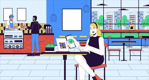 Checking menu with qr code scan cartoon flat illustration Illustrazione stock