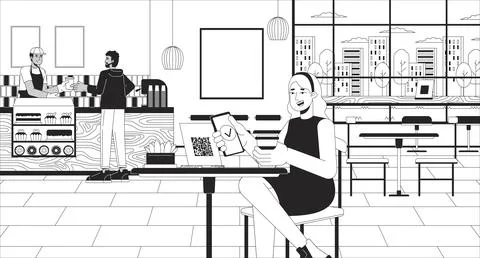 Checking menu with qr code scan black and white line illustration Stock Illustration