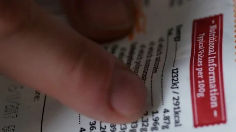 Checking nutrition label on food packaging Stock Footage 76347550