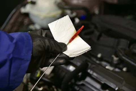 Checking the oil level in the car engine Stock-Fotos