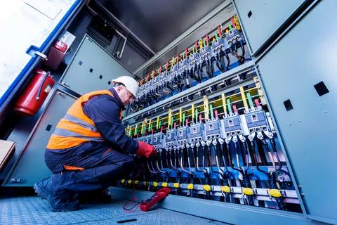 Checking the operating voltage levels of the solar panel switchgear compartment Stock Photos