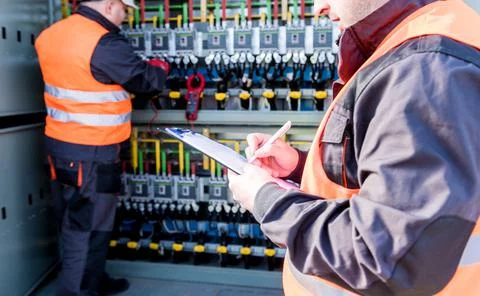 Checking the operating voltage levels of the solar panel switchgear compartment Stock Photos