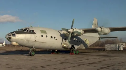 Checking performance of aircraft systems. Engines running. Maintenance of An-12 Stock Footage 169927631