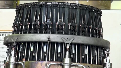 Checking performance ofjet nozzle control system of aircraft engine at stand. Stock Footage 138097348