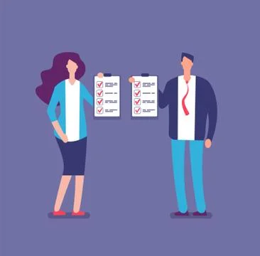 Checking plan list. Office manager planning project checklist. Businessman and Stock Illustration