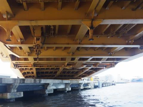Checking problems under a ramp of a ship Stock Photos