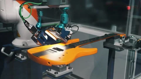 Checking the quality of a modern guitar at the factory, robot arm 库存影片 274763796
