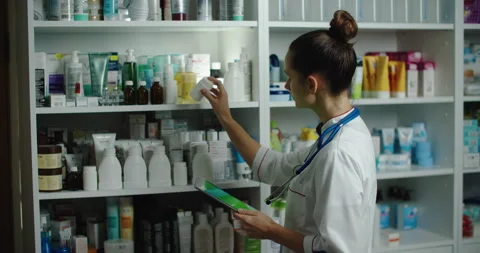 Checking recruitment drugs in a pharmacy, checking with a tablet. Pharmacyft Stock Footage 143353174