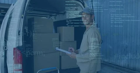 Checking tan-uniform driver recording boxes at dock by van, with clipboard, code 스톡 사진