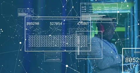 Checking tech adjusting server racks at data center, in light sweater, lanyard, Foto stock