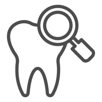 Checking teeth line icon. Diagnostics or examation, tooth and magnifier symbol イラスト素材