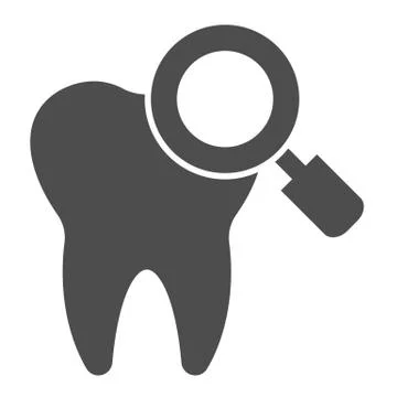 Checking teeth solid icon. Diagnostics or examation, tooth and magnifier symbol Stock Illustration