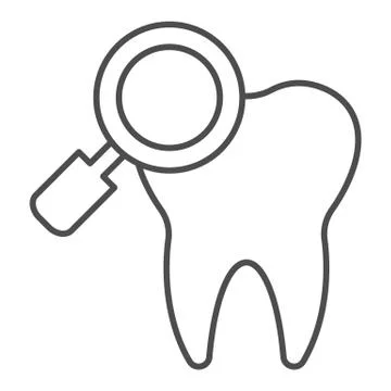 Checking teeth thin line icon. Diagnostics or examation, tooth and magnifier Illustrazione stock