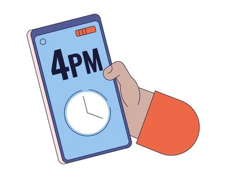 Checking time on smartphone linear cartoon character hand illustration Illustrazione stock