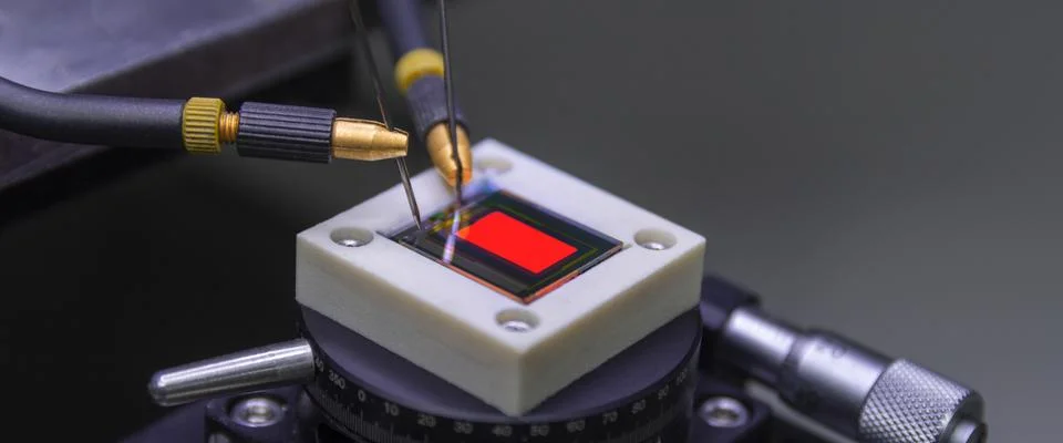 Checking turn on small oled display of red color with a probe station Stock Photos