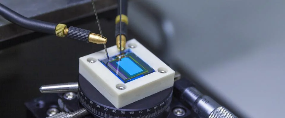 Checking turn on small oled display of blue color with a probe station Stock Photos