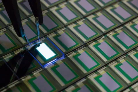 Checking turn on small oled displays of white color with a probe station Stock Photos