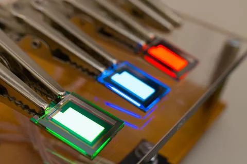 Checking turn on small RGB oled display on a probe station Stock Photos