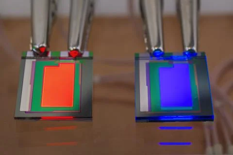 Checking turn on small RGB oled display on a probe station Stock Photos