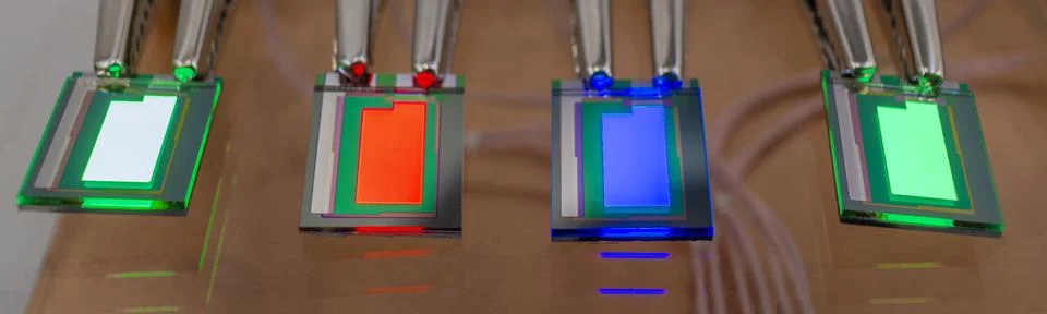 Checking turn on small RGB oled display on a probe station Stock Photos