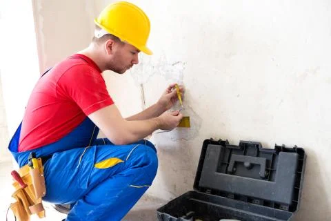 Checking of voltage in wall socket cables Stock Photos