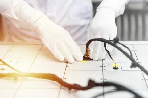 Checking the wiring systems on control desk, checkpoint, automotive industry Foto stock