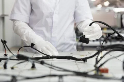 Checking the wiring systems on control desk, checkpoint, automotive industry, Fotos Stock