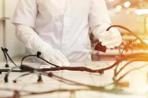 Checking the wiring systems on control desk, checkpoint, automotive industry Fotos Stock