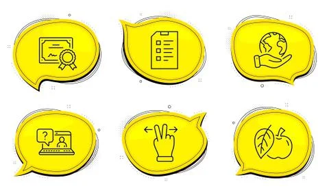 Checklist, Apple and Touchscreen gesture icons set. Faq sign. Data list, Fruit Illustrazione stock