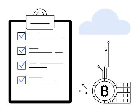 Checklist with Bitcoin Symbol and Cloud in Modern Style Illustrazione stock