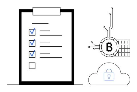Checklist with Blockchain Technology Elements and Cloud Security Lock Symbol Stock Illustration