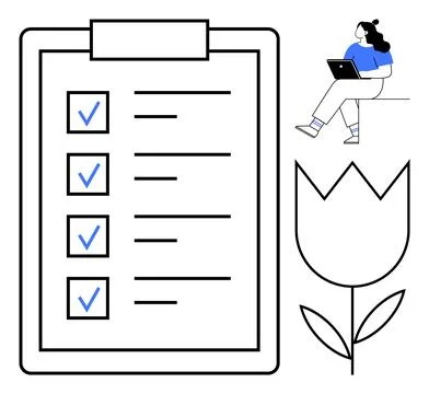 Checklist with Blue Checkmarks, Woman Using Laptop, and Minimalist Flower O.. Stock Illustration