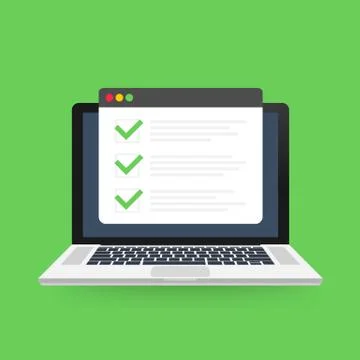 Checklist browser window. Check mark. White tick on laptop screen. Choice, su イラスト素材