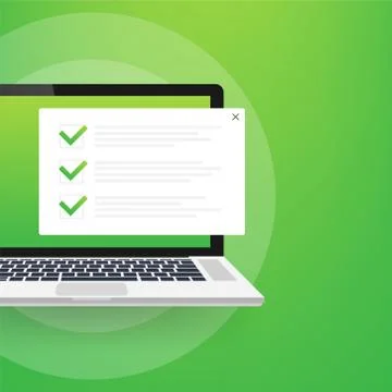 Checklist browser window. Check mark. White tick on laptop screen. Choice イラスト素材