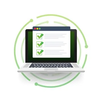 Checklist browser window. Check mark. White tick on laptop screen. Choice 스톡 일러스트