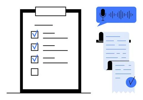A checklist with checkboxes, a voice command represented by a microphone and  Illustrazione stock