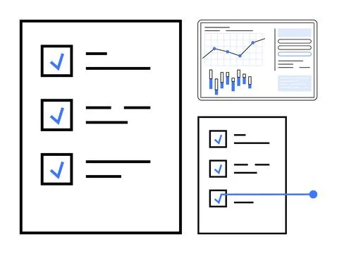Checklist with checked boxes and chart displaying line graph and bar chart wi Stock Illustration
