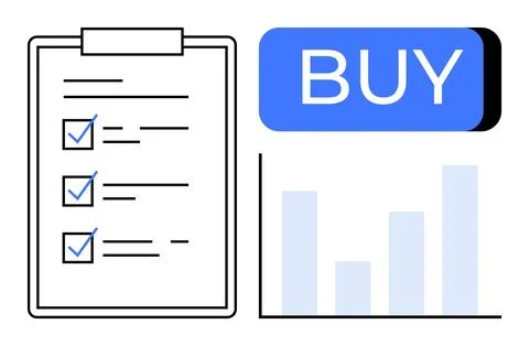 Checklist with checkmarks, BUY button, and bar chart with upward data bars. I イラスト素材