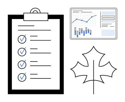 Checklist with checkmarks on clipboard, graph data on screen, outlined maple  Stock Illustration