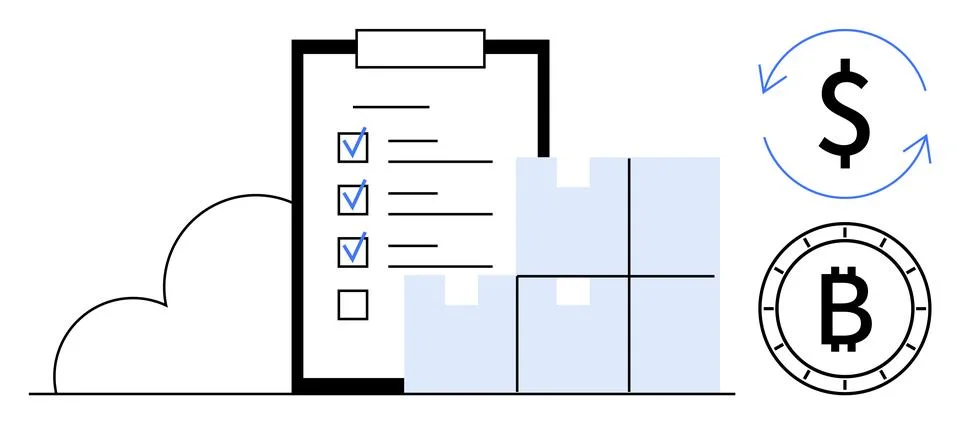 Checklist with checkmarks next to stacked boxes, dollar and Bitcoin symbols i Stock Illustration
