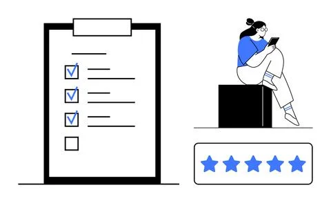 Checklist with Checkmarks, Person Using Tablet, and Five-Star Rating for Ta.. 스톡 일러스트
