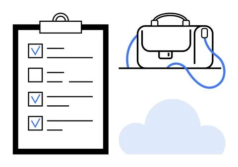 Checklist clipboard, briefcase with handle and strap, and cloud icon. Ideal f Illustration