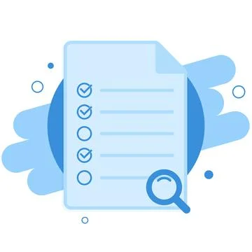 Checklist clipboard with check marks, tick icons and magnifying glass. Analysis Stock Illustration