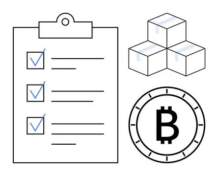 Checklist clipboard with checkmarks, stacked boxes, and Bitcoin symbol repres Stock Illustration