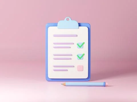 Checklist on clipboard paper, 3d render illustration. Notebook with checked 스톡 일러스트