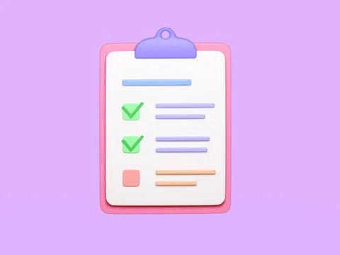 Checklist on clipboard paper, 3d render illustration. Notebook with checked Stock Illustration