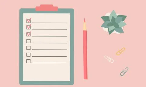 Checklist on a clipboard paper. Successful completion of business tasks. Vect Stock Illustration