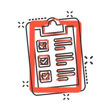 Checklist clipboard sign icon in comic style. Document list vector cartoon il Illustrazione stock