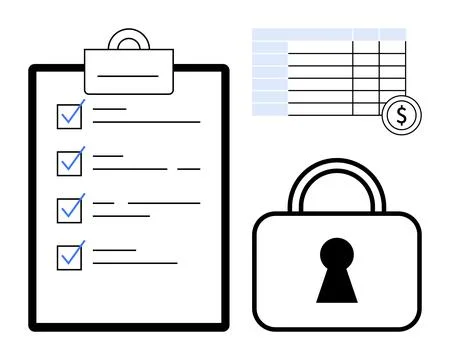 Checklist on clipboard with tick marks, financial chart with dollar sign, and Illustrazione stock